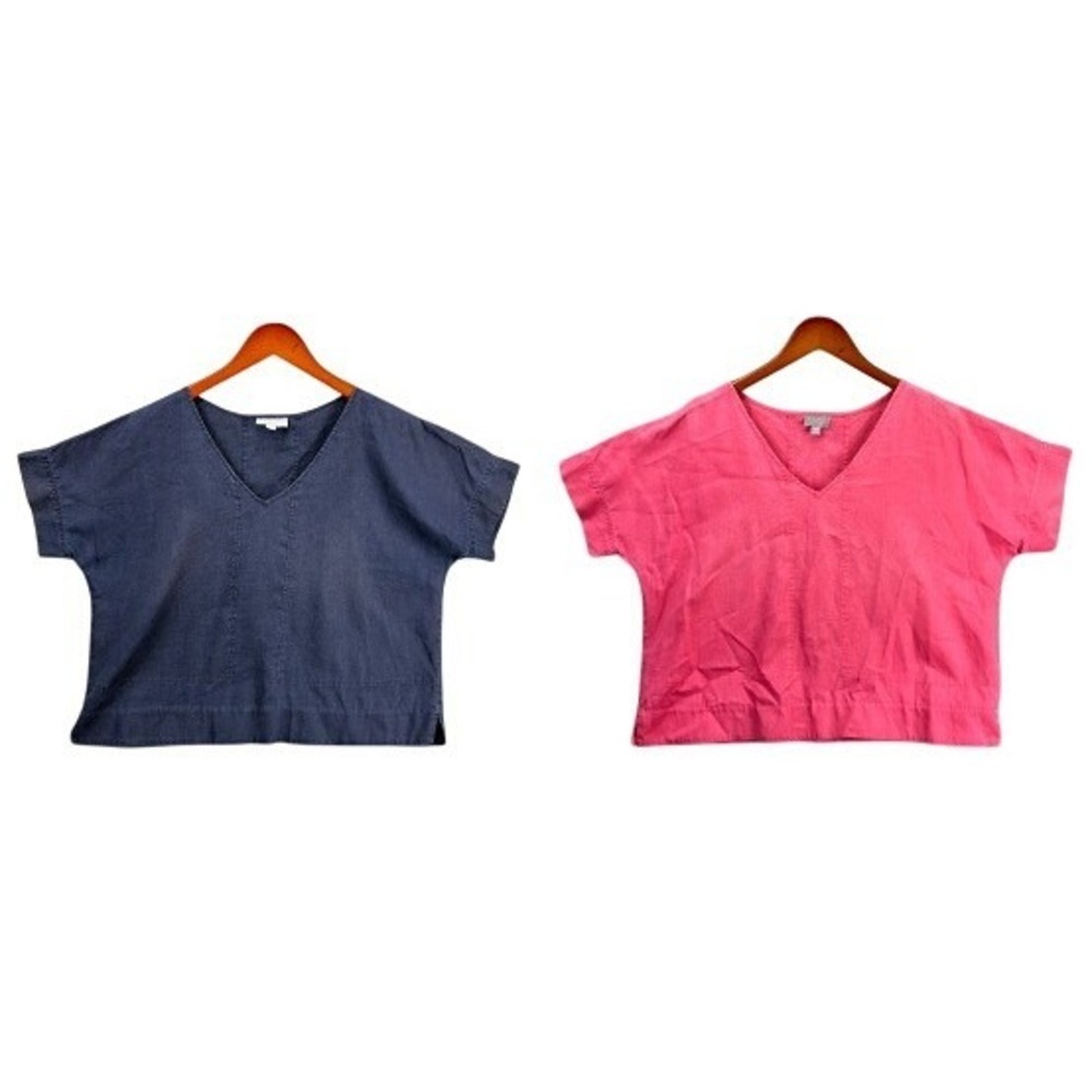 Pure Collection Short Sleeve V-Neck Blouse Womens 12 Navy Pink Linen Boxy Lot 2